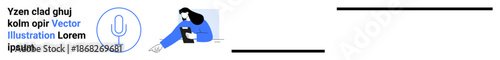 Communication, voice technology, virtual assistant, modern interface, interaction, customer service. A woman reaches toward a microphone icon. Communication and voice technology
