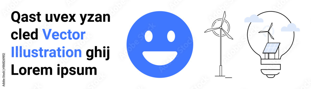 Fototapeta premium Renewable energy, environmental solutions, sustainable living, eco-friendly design, happiness, clean energy. Blue happy face, wind turbine solar panel integrated with light bulb. Renewable energy