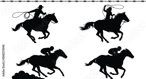 Cowboy horseback silhouettes with lasso roping action, western rodeo scenes, galloping horses, ranch culture illustration isolated white background