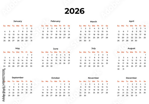 Vector calendar for 2026 in English