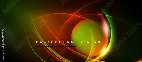 Abstract neon lines create dynamic curves, glowing shapes. Dark background emphasizes vibrant colors, modern design elements.