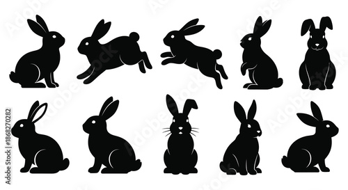 Collection of silhouettes depicting various poses of rabbits and hares