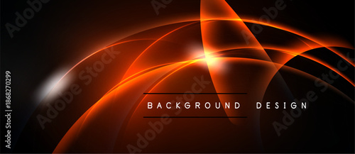 Dark background features vibrant orange curves, creating dynamic abstract design. Bright light emanates from central intersection.
