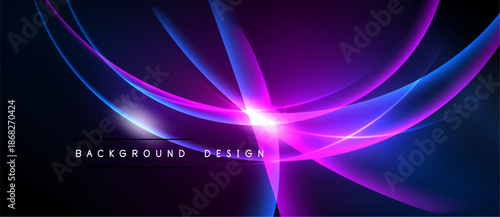Abstract neon lines create dynamic flow. Dark background emphasizes vibrant purple, blue glows. Modern design element for digital projects.