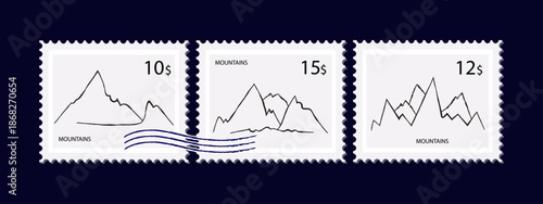 Mountain line art postage stamp. Contemporary philatelic. A collection of paper outline mountain and rocky slopes. Landscape with peaks, postage stamp for sending a letter by mail. Vector illustration