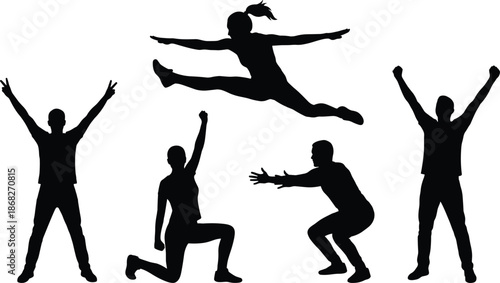 Fitness exercise silhouettes showing jumping squatting stretching people isolated on white background for workout training concept illustration healthy active lifestyle