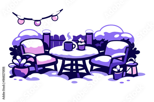 Winter Patio Serenity. Quiet Backyard Patio. A small patio set covered in snow, fence barely visible behind.