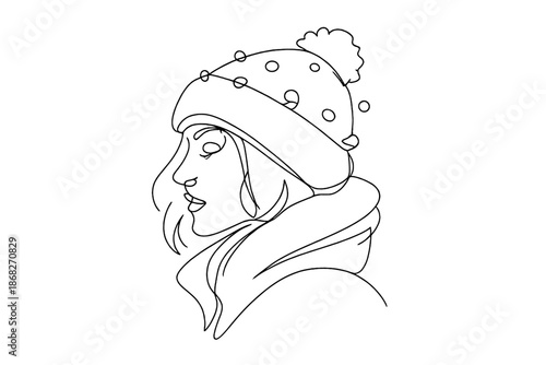 Golden Hour Snow Portrait. Snow portrait at golden hour. Minimalistic one-line drawing expressive portrait