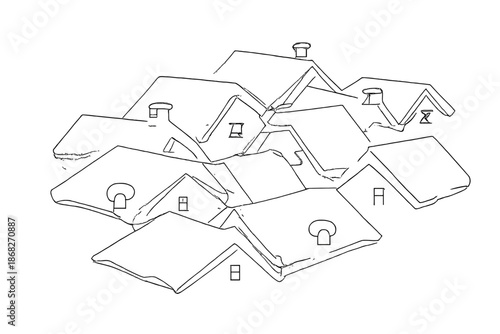 Snow-Covered Rooftops. Snow on rooftops aerial view. Minimalistic one-line drawing aerial perspective of