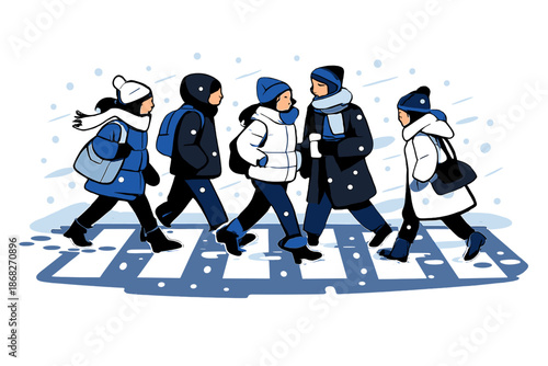 Snowy Street Crossing. People Crossing Snowy Streets. Pedestrians bundled in coats crossing a wide street as