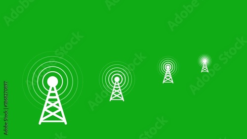 Abstract tower and radio wave icon animation, Three wireless towers with radio waves on a green screen. 4k