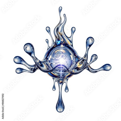 Dynamic water splash frozen mid-air with droplets flying outwards isolated on white background