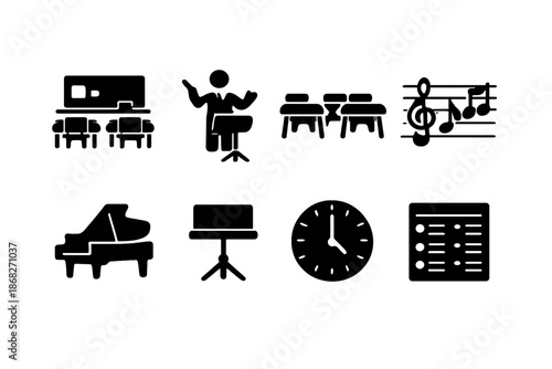 Music Classroom Icons. Music Classroom. Filled icon set of Music Classroom: music classroom interior, teacher