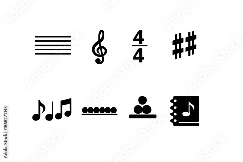 Music Theory Icons. Music Theory. Filled icon set of Music Theory: musical staff, treble clef, time signature,