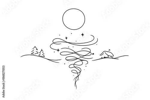 Ethereal Winter Moon. Ethereal winter moon spell scene. Minimalistic one-line drawing ethereal winter night