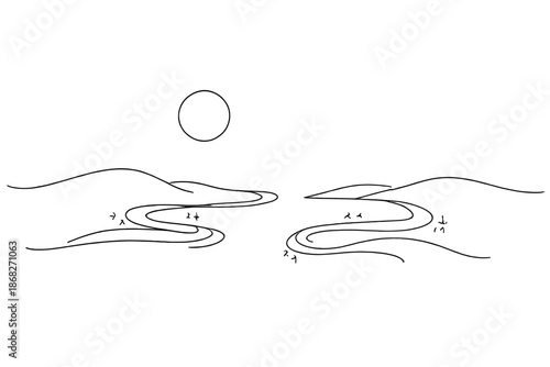 Moonlit Spell Path. Snowfield moonlight spell scene. Minimalistic one-line drawing open snowfield under