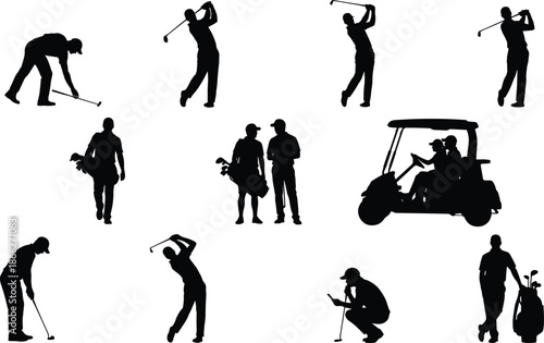 Golf player silhouettes showing swing putt walk golfers cart isolated on white background sport training activity illustration concept leisure collection