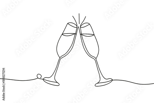 Minimalist Champagne Toast. Champagne glasses cheers. Minimalistic one-line drawing two champagne glasses
