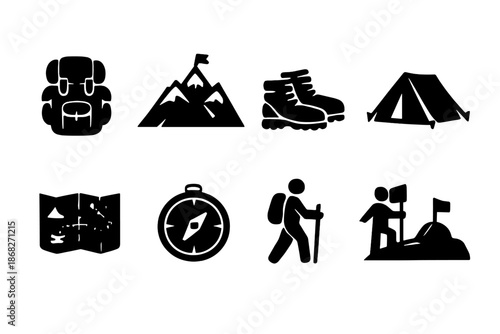 Adventure Icon Set. Adventure Vacation. Filled icon set of Adventure Vacation: hiking backpack, mountain peak,