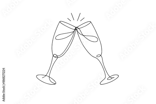 Minimalist Champagne Toast. Party champagne glasses cheers. Minimalistic one-line drawing lively champagne
