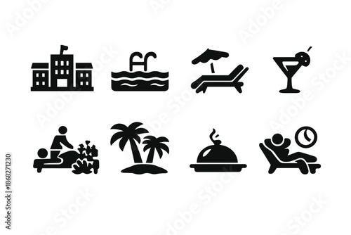 Resort Vacation Icons. Resort Vacation. Filled icon set of Resort Vacation: luxury hotel, swimming pool, pool