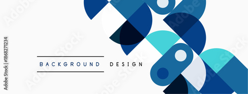 Abstract geometric shapes overlap, creating dynamic blue design. White background provides contrast, simple text below.