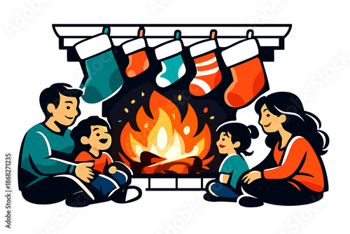 Holiday Fireplace Gathering. Family Holiday Fireplace. Multiple stockings of different sizes hanging together