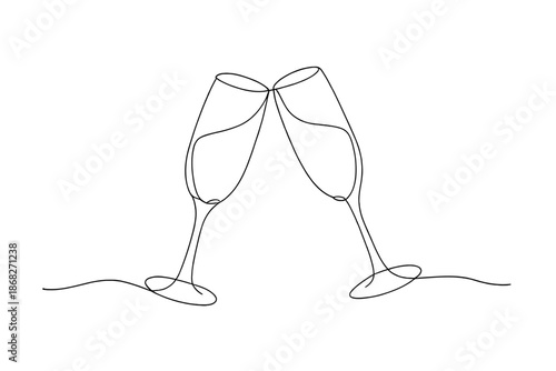 Champagne Toast Illustration. New year champagne glasses cheers. Minimalistic one-line drawing champagne