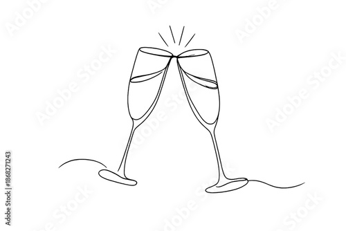 Elegant Champagne Toast. Festive champagne toast cheers. Minimalistic one-line drawing elegant champagne