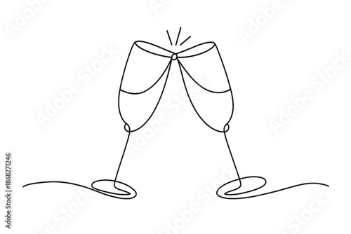 New Year Cheers. New year champagne glasses cheers. Minimalistic one-line drawing champagne glasses clinking