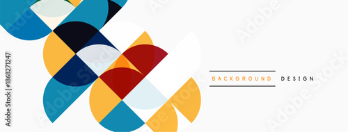 Abstract geometric shapes overlap, creating vibrant color blocks. White space dominates design, offering clean aesthetic. Modern visual composition.