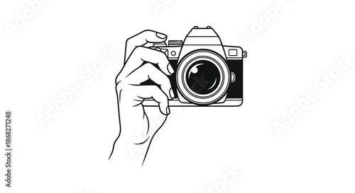 A hand holding a vintage style camera sketched in black and white