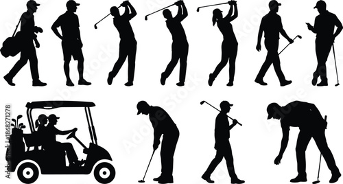 Golf player silhouettes showing swing putting walking golfers golf cart isolated on white background sport leisure training illustration collection