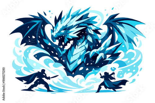 Majestic Ice Dragon. Ice Dragon Concept Art. A massive ice dragon emerging from frozen mist, crystalline