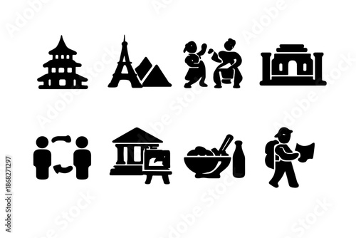 Cultural Travel Icons. Cultural Travel. Filled icon set of Cultural Travel: traditional monument, cultural