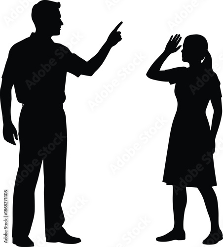 Argument silhouette showing man pointing finger at woman expressing conflict confrontation disagreement relationship problem isolated white background illustration concept