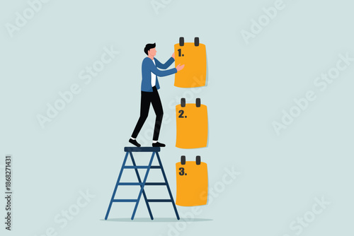 Set work priorities, make a list of tasks to be done before and after, the concept of task management, entrepreneurs manage priorities using sticky notes with the numbers first, second, and third.