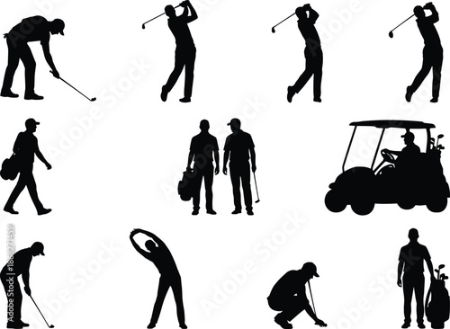 Golf player silhouettes showing swinging putting walking golfers and cart isolated on white background sport activity training illustration concept