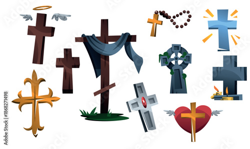 Christian Cross and Jesus Symbol Illustration Set Religious Faith Icons