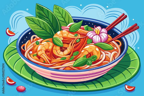 Asian dish with stir fried noodles pink shrimp lettuce leaves and spicy soy sauce traditional delicious cuisine vibrant flavors authentic food photography
