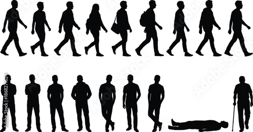 Human silhouette walking sequence, male life cycle poses, standing sitting fallen aging concept, black white people illustration set, vector collection