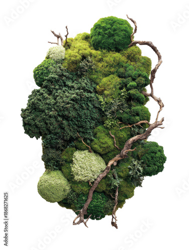 Lush vertical garden with mixed textures of moss and intertwined branches