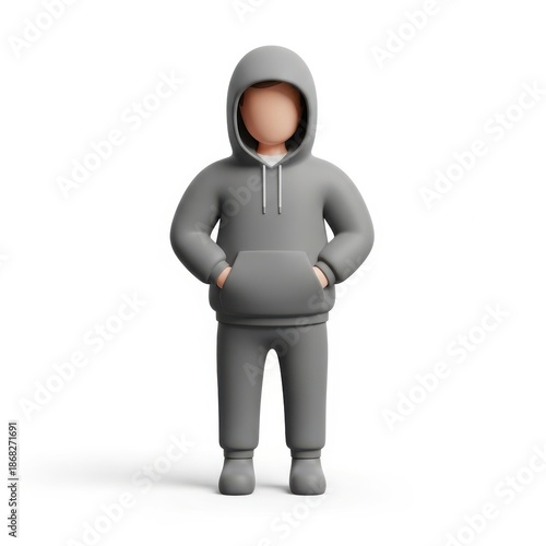3d render of a person in a gray hoodie and sweatpants standing isolated on white background