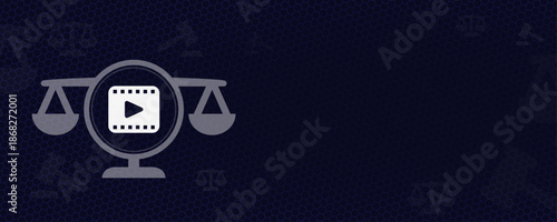 Media Law and Entertainment Copyright Concept with Film Strip and Scales Symbol Vektor Illustration on Dark Background with Copy Space for Video Production and Legal Rights