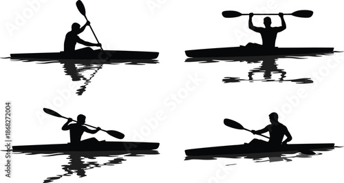 Kayaking silhouette action poses set, paddling techniques on calm water, outdoor adventure sport, balance motion, black white illustration collection