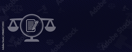 Notary Public and Legal Signing Concept with Document Pen and Scales Symbol Vektor Illustration on Dark Background with Copy Space for Law Firm and Contract Jurisprudence