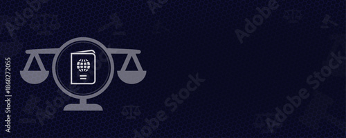 International Law and Immigration Concept with Passport Symbol and Scales Vektor Illustration on Dark Background with Copy Space for Global Justice and Travel Regulations