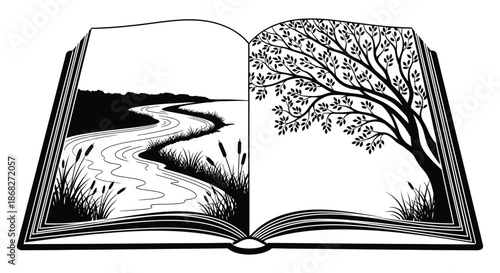 An open book with a landscape illustration of a river and trees