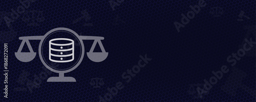 Data Protection and IT Law Concept with Database and Scales Symbol Vektor Illustration on Dark Background with Copy Space for GDPR Privacy and Cyber Security Legal Services