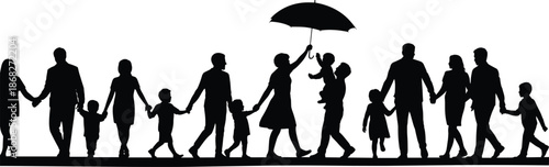 Family silhouettes walking together, parents children holding hands under umbrella, love protection care concept vector illustration isolated black white